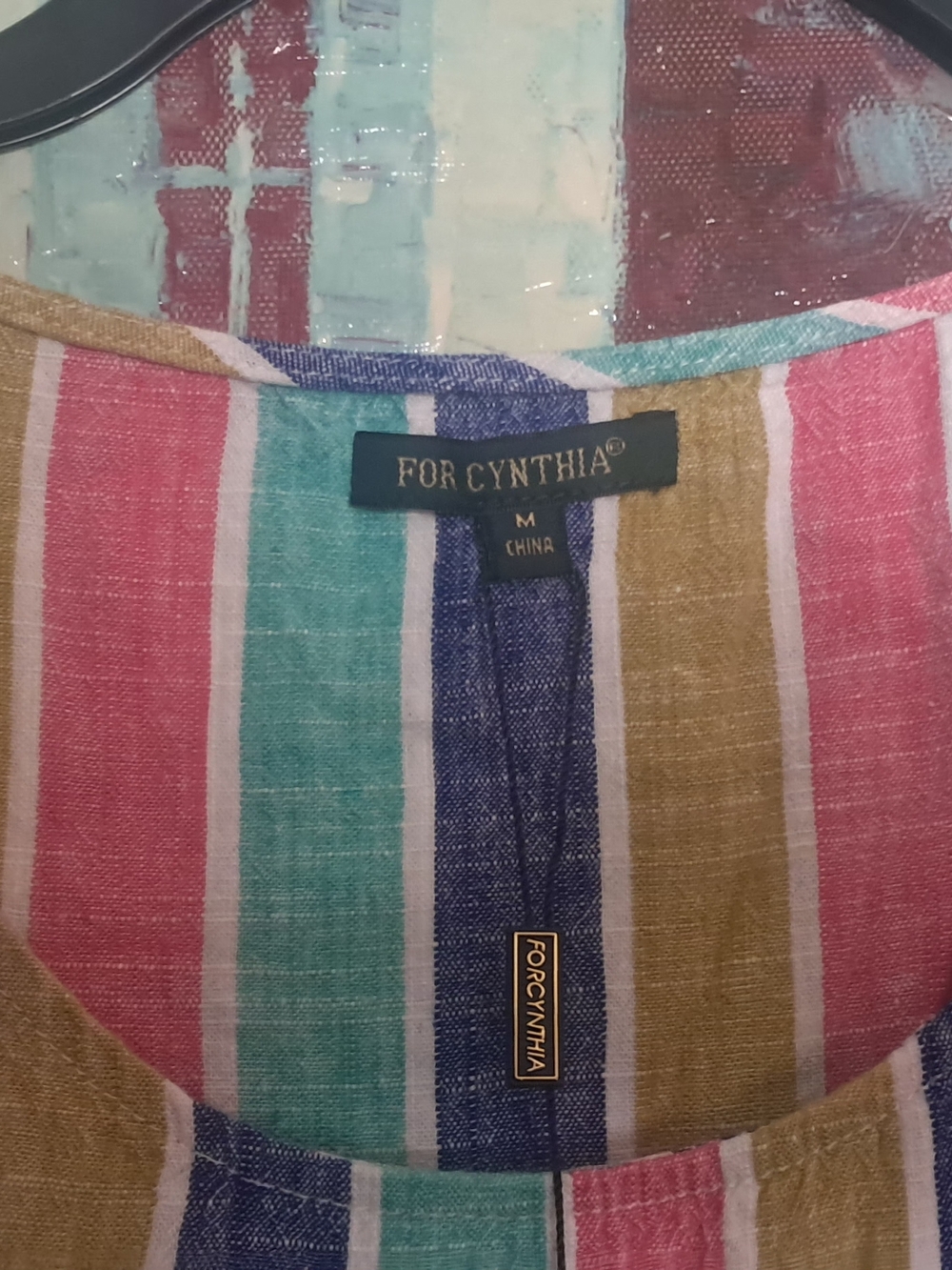 For Cynthia Striped Linen Top in Pink, Teal & Gold